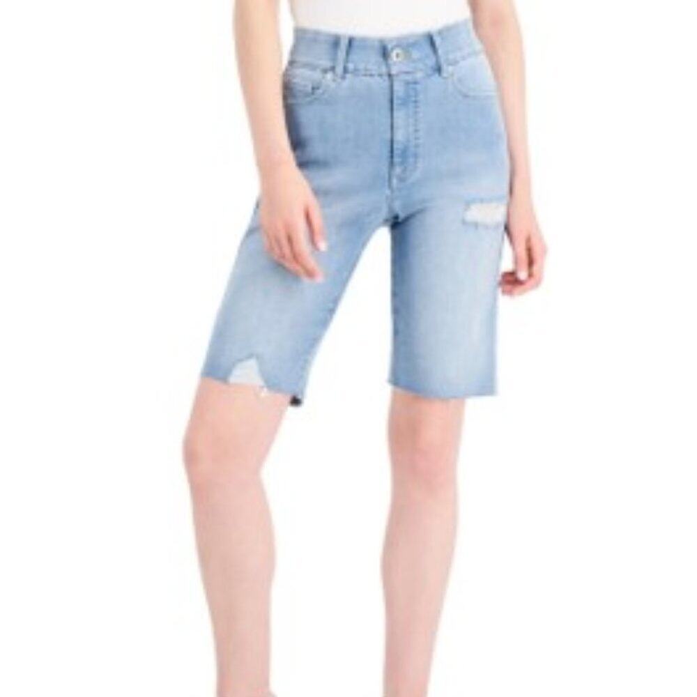 INC International Concepts Sculpting Fit Bermuda Shorts Light Wash Distressed‎ 4